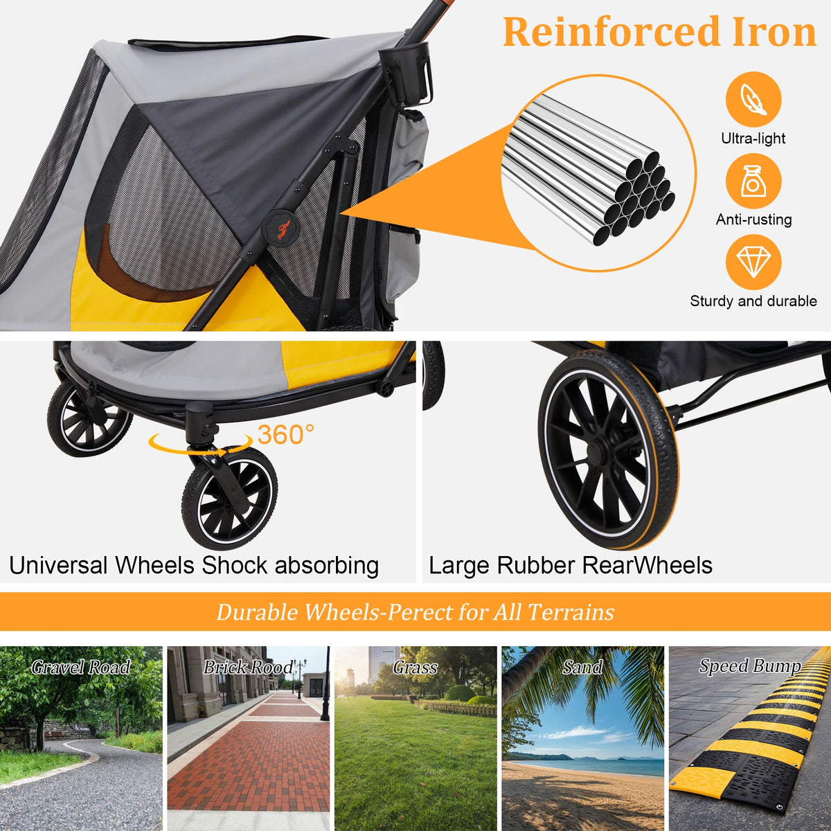 Large Foldable Pet Dog Stroller Rolling Dogs Cat Carrier for Senior Old Pet up to 42KG