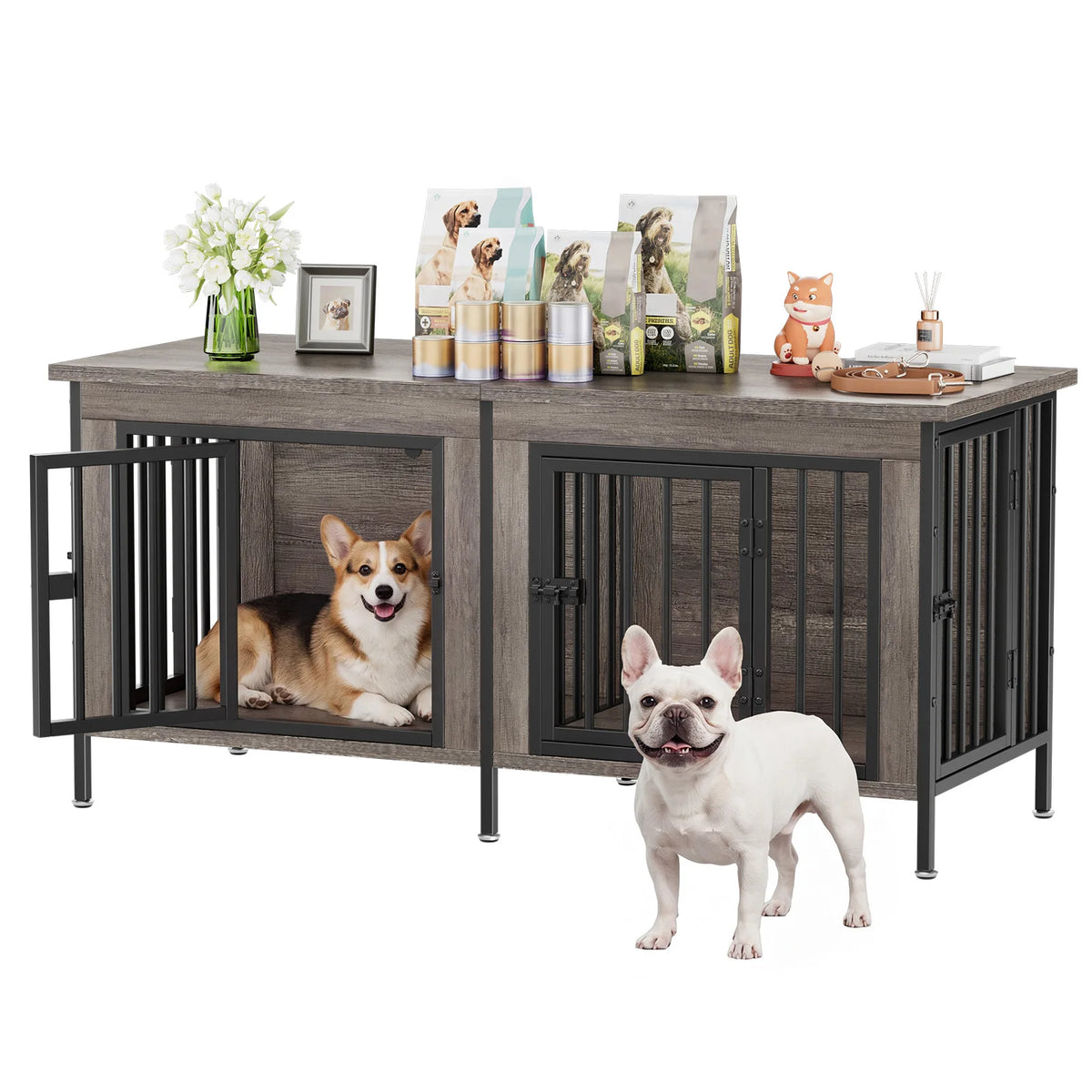 JHK Wooden Dog Kennel Furniture With Double Doors And Divider
