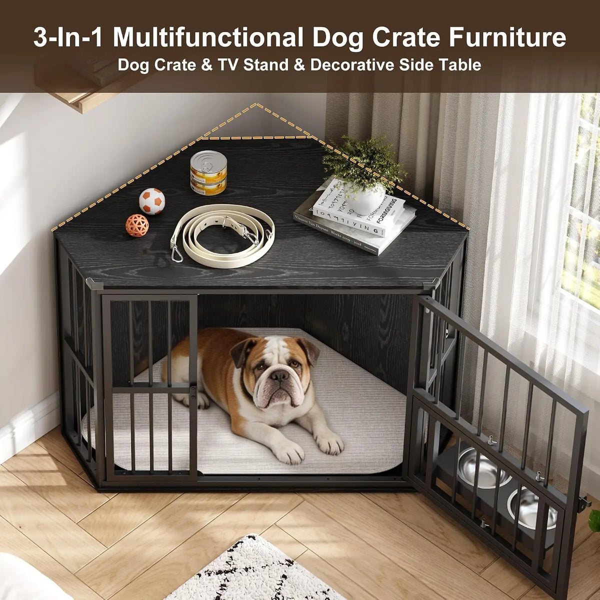 Wooden Corner Dog Crate Furniture With Double Doors Lockable Cage