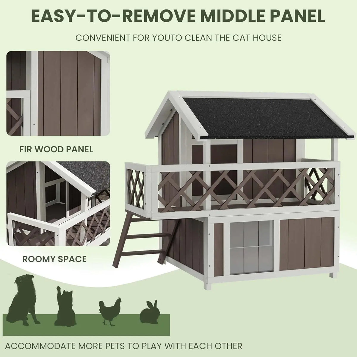 HiMISS Wooden Two Level Weatherproof Cat House With Balcony