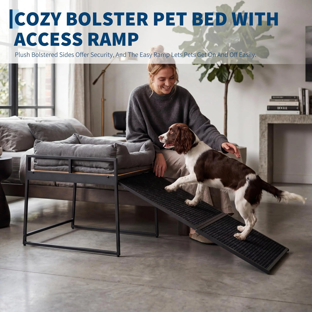 Elevated Dog Bed Ramp With Non Slip Access And Bolster Cushion