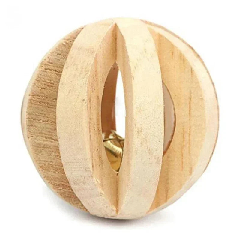 Natural Pine Wood Small Animal Dumbbell Chew Toy With Bell