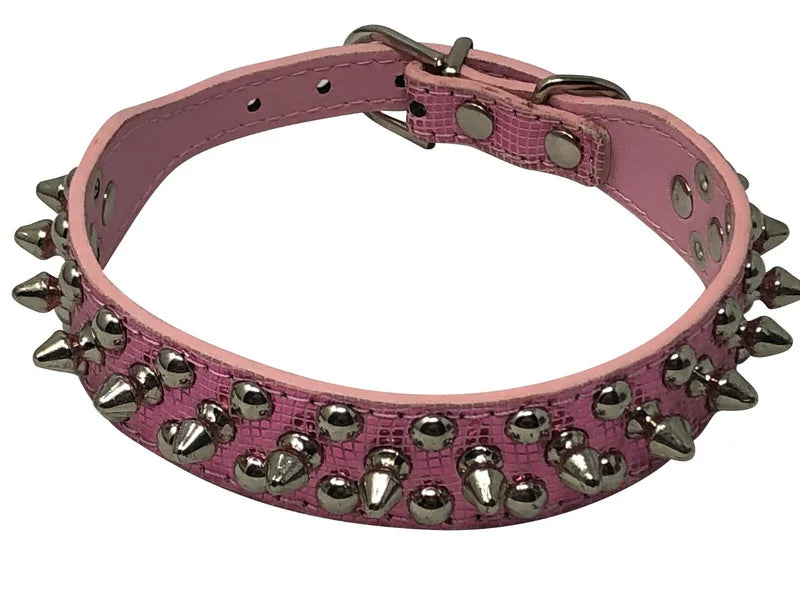 Dog Collar Studded& Spikes Rivet Adjustable 12 Colors Faux Leather 1" w S M L