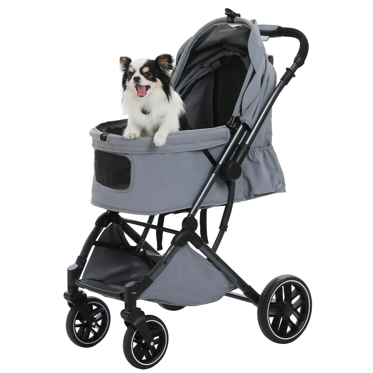 Foldable Pet Stroller for Small Medium Dogs & Cats One-Click Fold Dog Stroller with Reversible Handle Storage Basket Cup Holder Safety Tether Removable Washable Pad Large Cat Stroller Pet Suplies for Outdoor