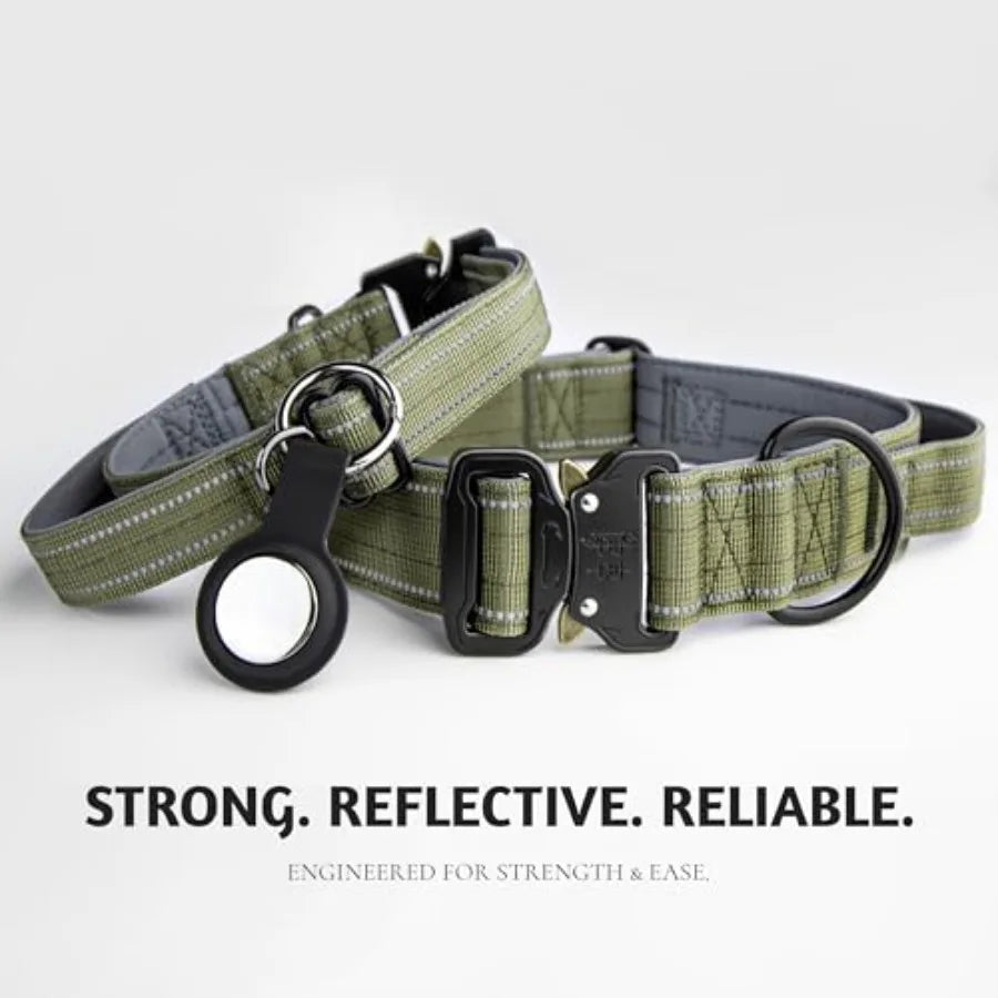 Tactical Dog Collar with Control Handle and AirTag Holder, Neoprene-Padded Lining, Reflective Strips, Heavy-Duty Thick Nylon, M