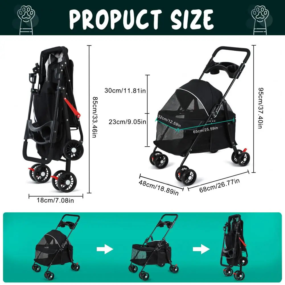 4 Wheels Dog Cat Stroller Outdoor Travel Pet Folding Stroller Dog Cat Cage Stroller with Cup Holder for Medium Small Dog
