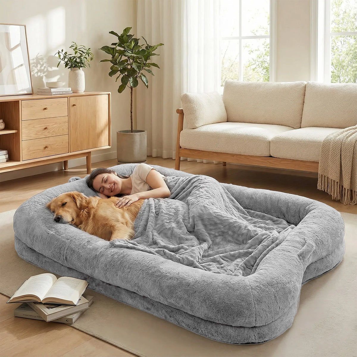 Portable Human Dog Bed Washable Large Size Non Slip Bottom Comfortable Plush Giant Size Dog Bed with Blanket and Pocket for Home