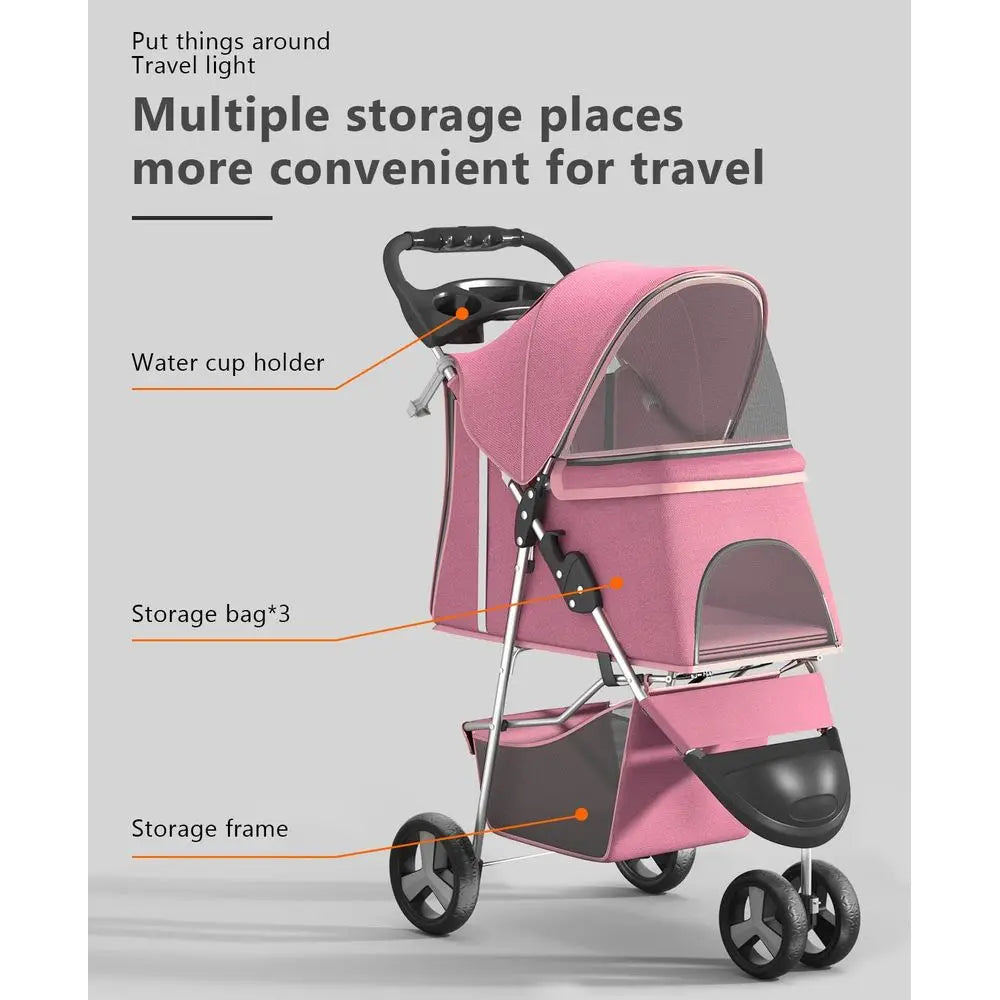 Pet Stroller with 3 Wheels or Small/Medium Pets, Portable Travel oldable Carrier Jogger or Dog Cat Puppy Kitty, Rear Wheel Break