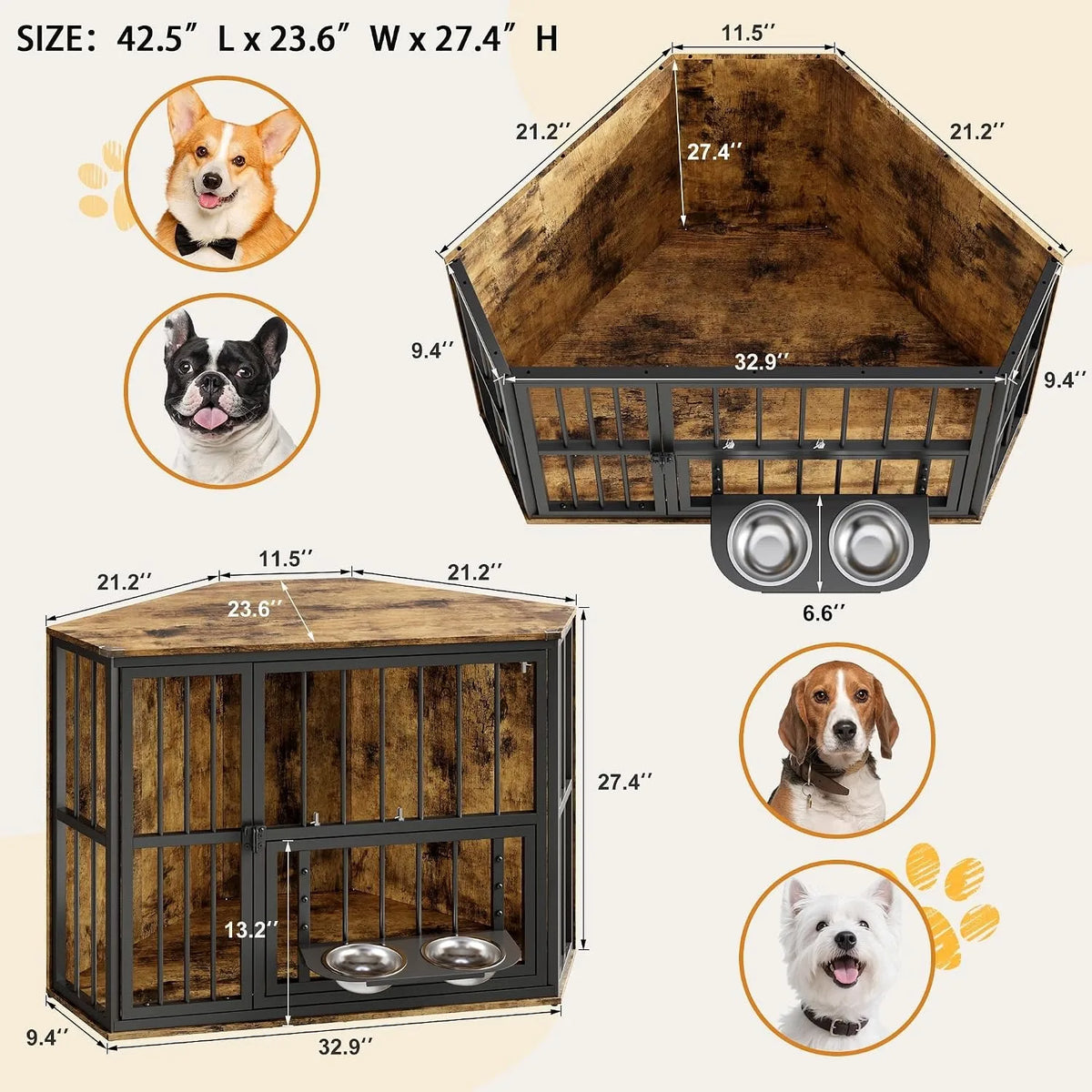 Wooden Corner Dog Crate Furniture With Double Doors Lockable Cage