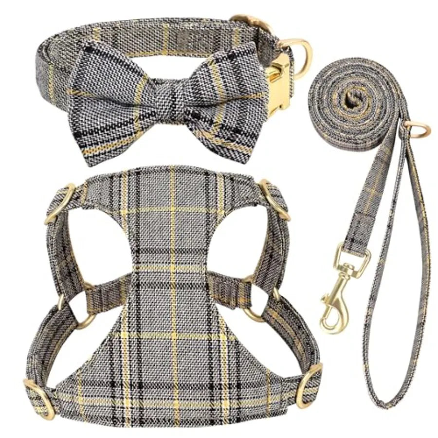Dog Harness and Leash Set With Bowtie Soft Adjustable Plaid Polyester