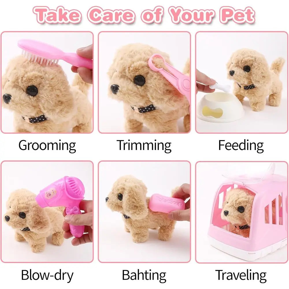 14PCS Interactive Plush Puppy Toy with Carrier and Accessories, Pet Care Toy Set for Kids, Suitable for Girls and Boys 3-6 Years