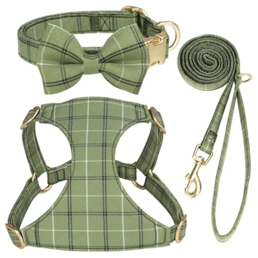 Dog Harness and Leash Set With Bowtie Soft Adjustable Plaid Polyester