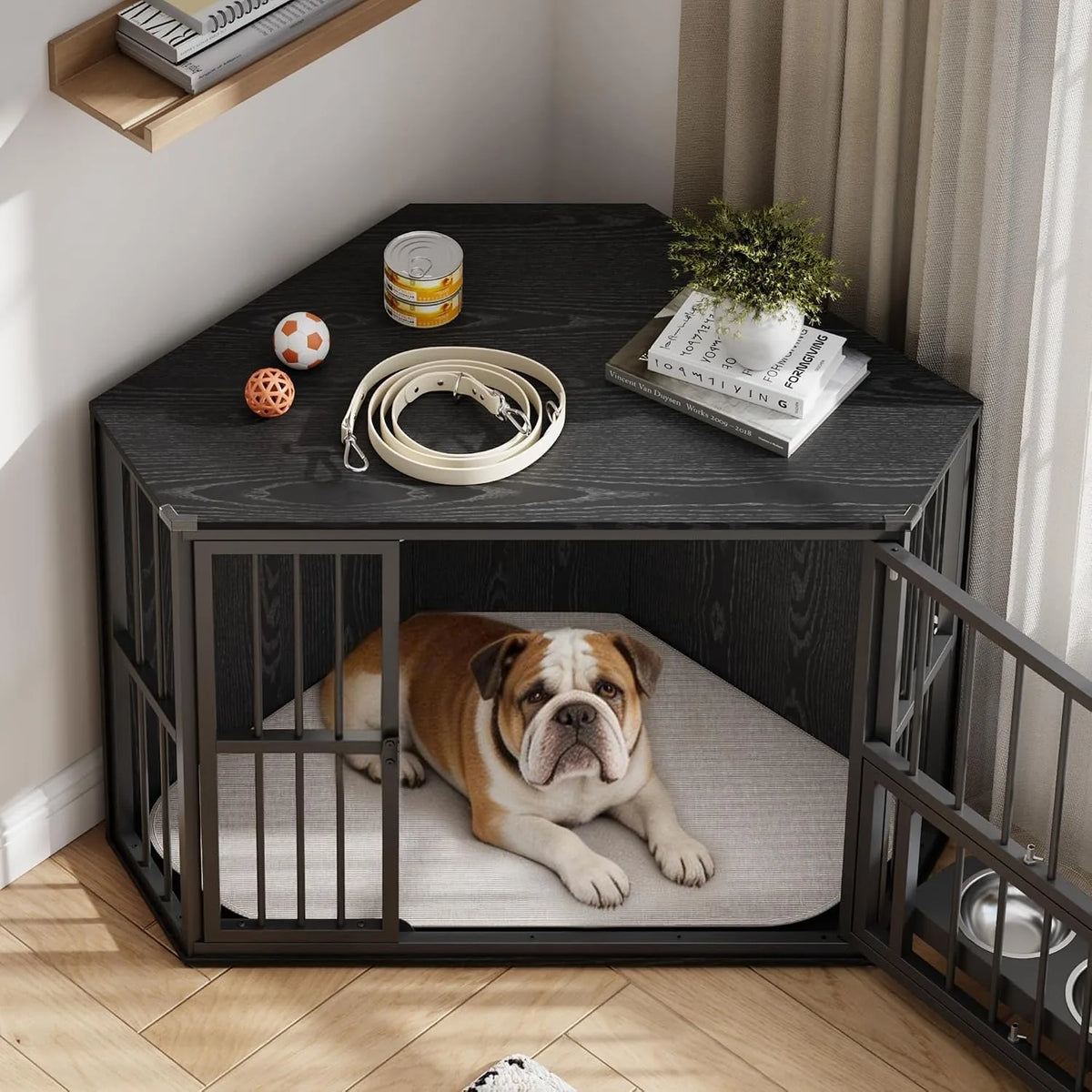 Wooden Corner Dog Crate Furniture With Double Doors Lockable Cage