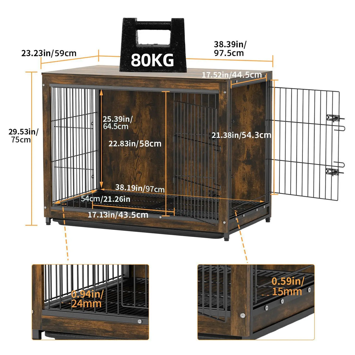 Large Elevated Dog Crate Wooden Dog Kennel Cage Pet House End Table with Double Door and Removable Tray Rustic Furniture Indoor