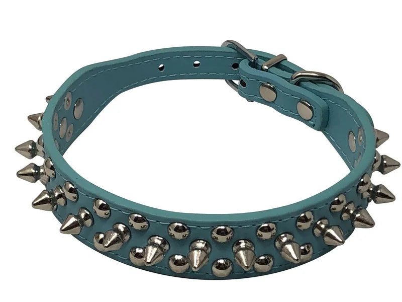 Dog Collar Studded& Spikes Rivet Adjustable 12 Colors Faux Leather  1" w  S M L