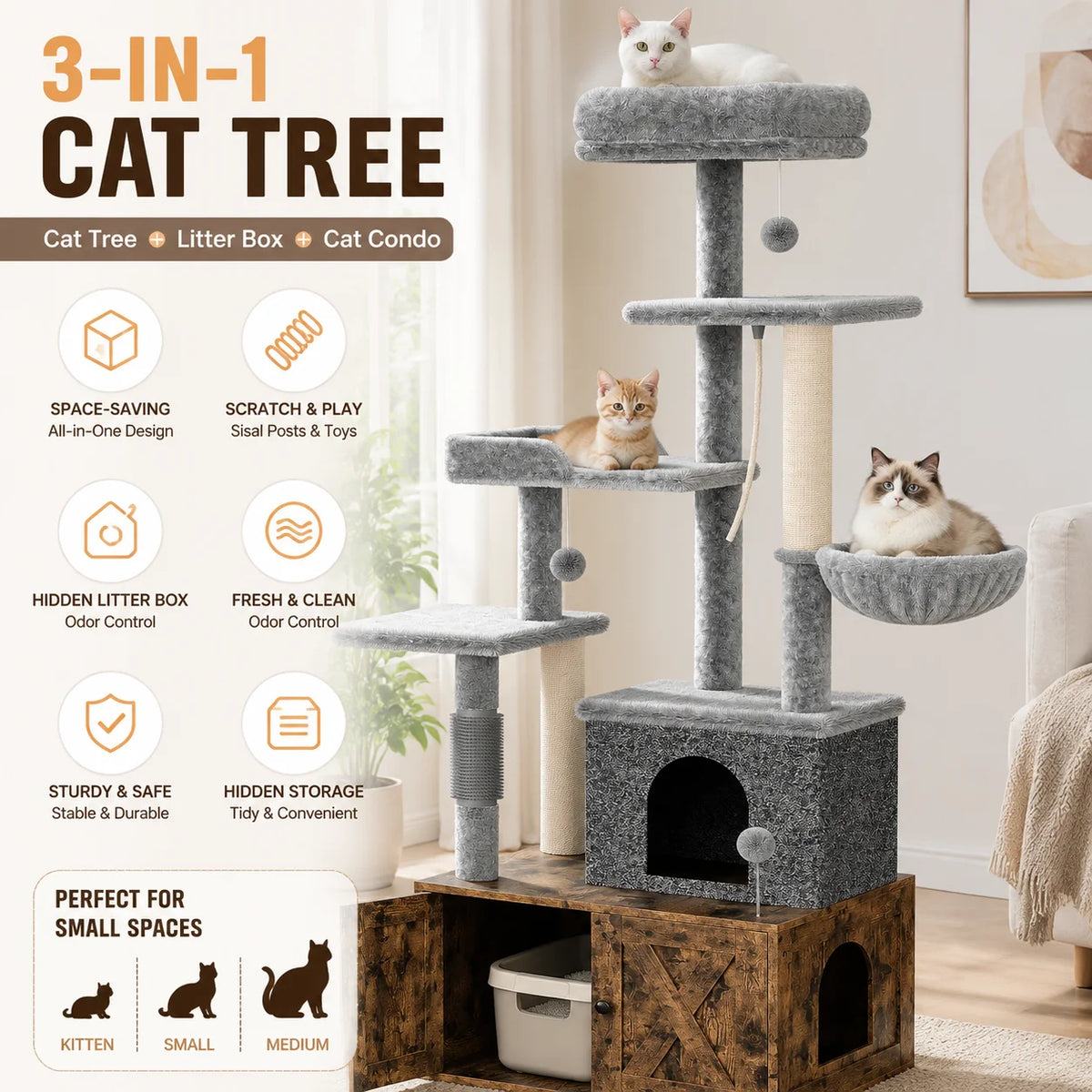 Modern Cat Tree With Hidden Litter Box Enclosure And Condo