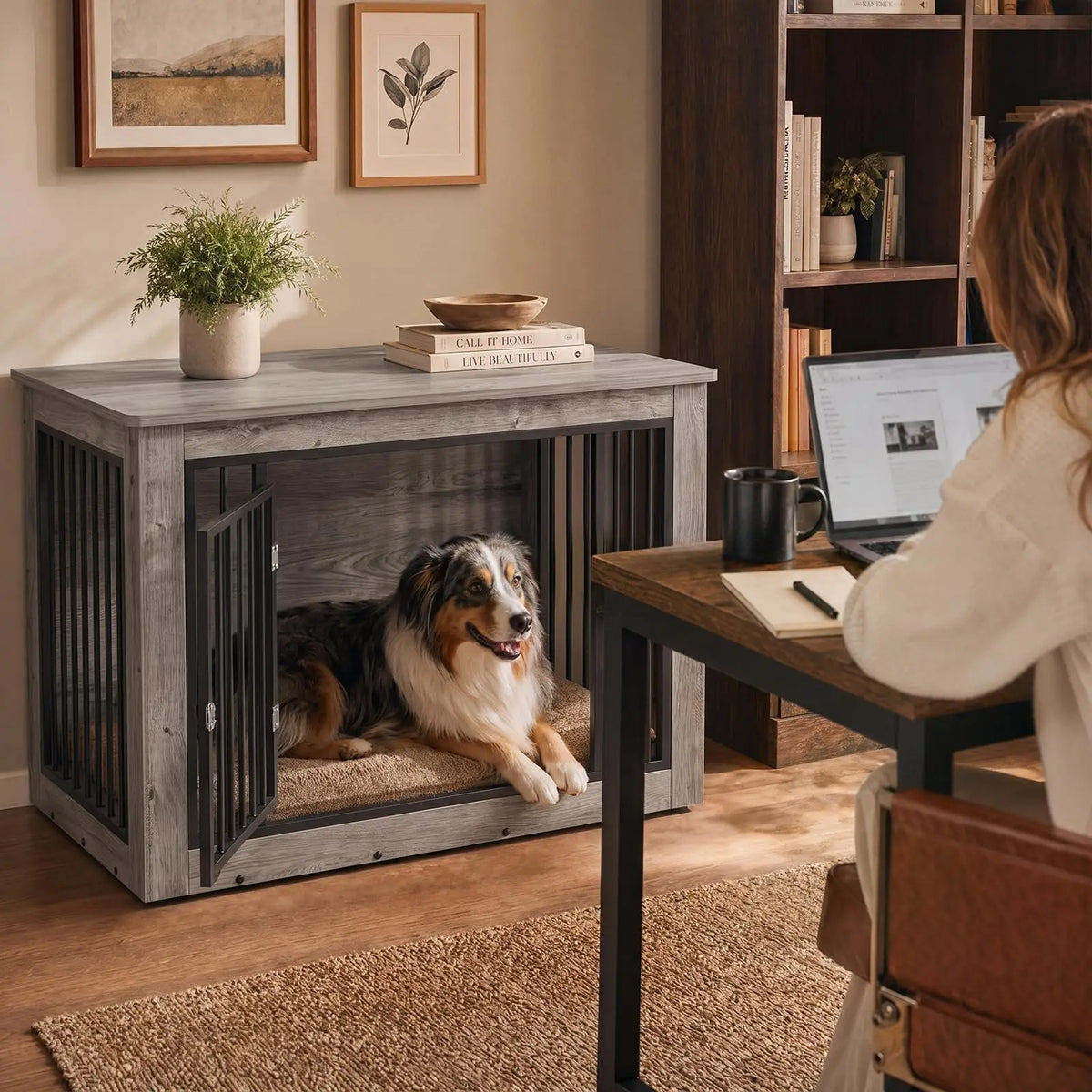 Furniture Style Dog Crate End Table With Dual Door Design