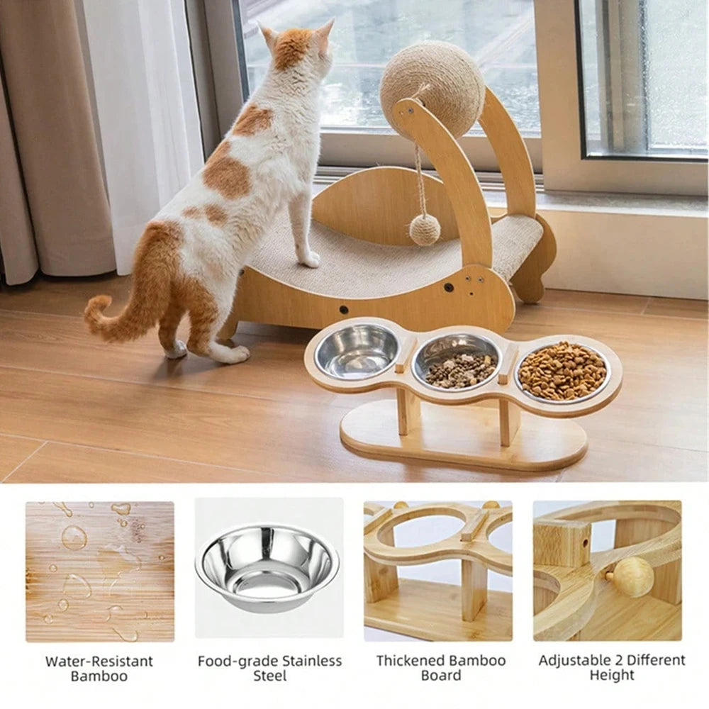 Tilted Raised Cat Feeder with Stainless Steel Bowls and Mat
