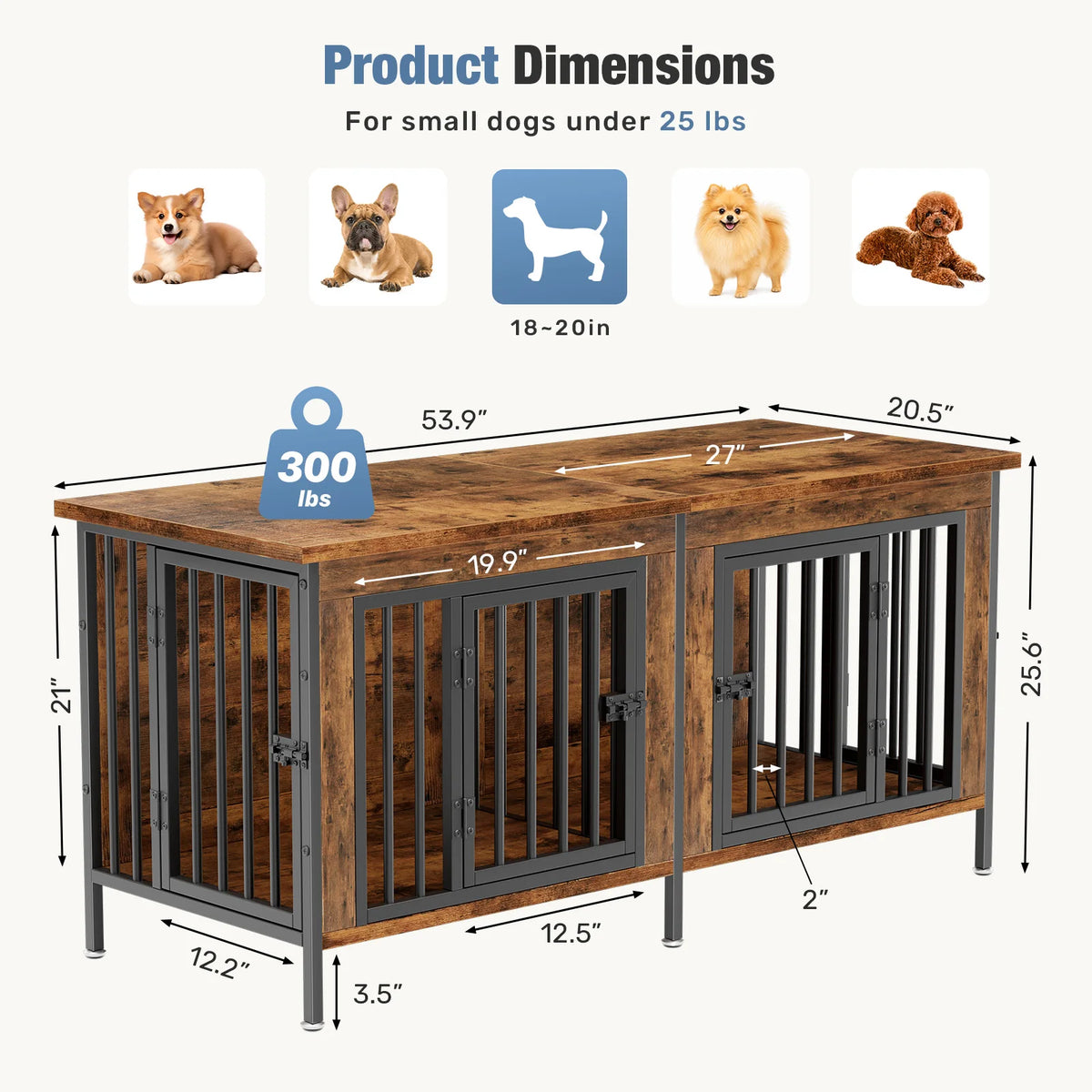 JHK Wooden Dog Kennel Furniture With Double Doors And Divider