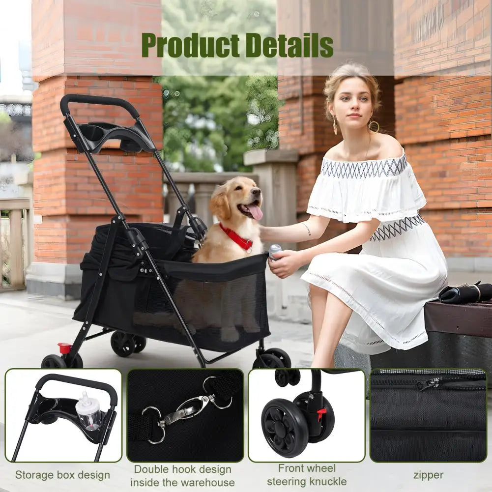 4 Wheels Dog Cat Stroller, Outdoor Travel Pet Folding Stroller, Dog Cat Cage Stroller with Cup Holder for Dog