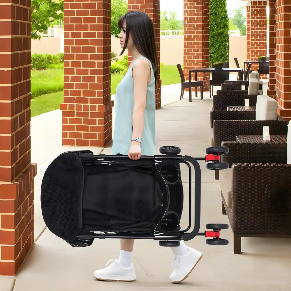 4 Wheels Dog Cat Stroller, Outdoor Travel Pet Folding Stroller, Dog Cat Cage Stroller with Cup Holder for Dog