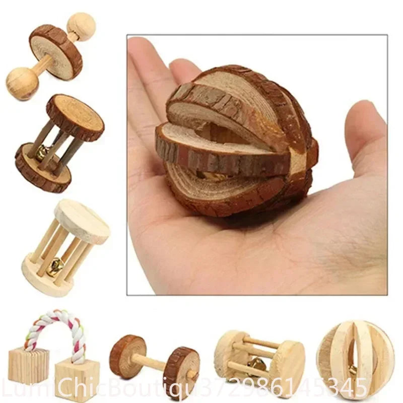 Natural Pine Wood Small Animal Dumbbell Chew Toy With Bell