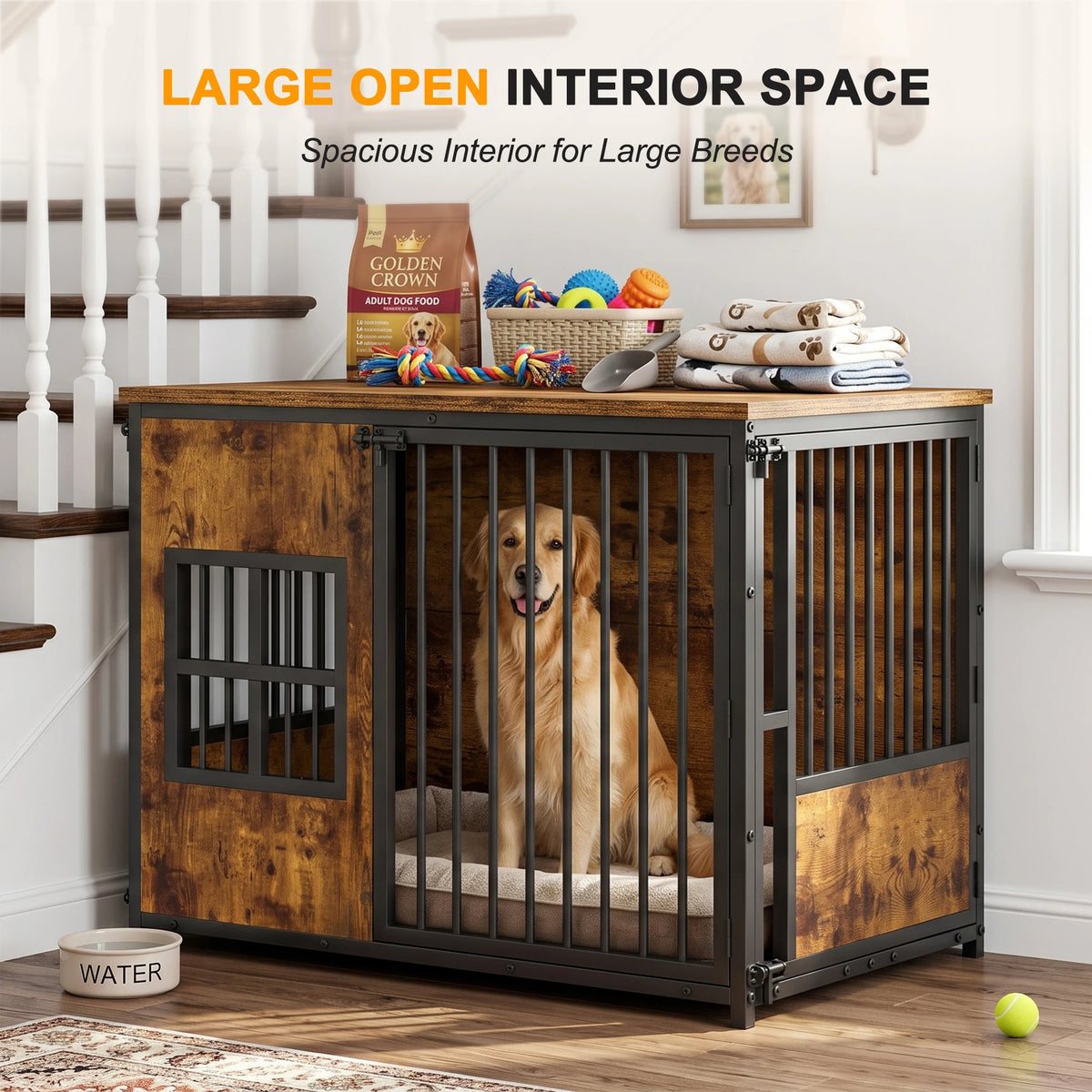 Large Wooden Dog Crate Furniture Indoor Pet Cage Kennel with Storage Top and Removable Cover for Small Medium Dogs