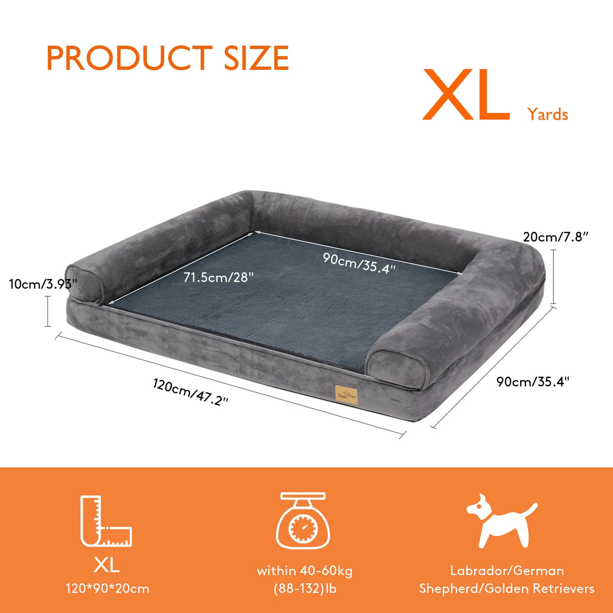 Extra Large Sofa-Style Dog Bed with Bolster Waterproof Cover Sponge Foam Base Cozy Pet Crate Bed Couch Bedding