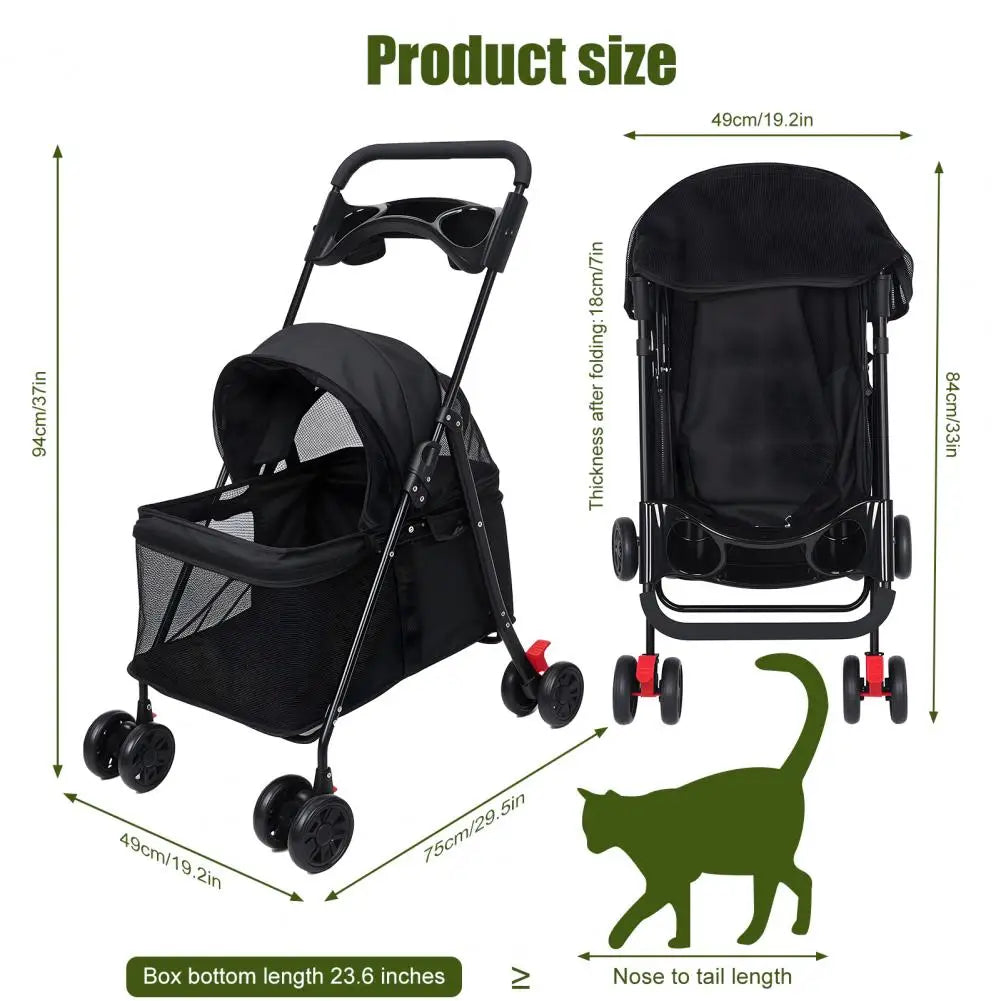 4 Wheels Dog Cat Stroller, Outdoor Travel Pet Folding Stroller, Dog Cat Cage Stroller with Cup Holder for Dog