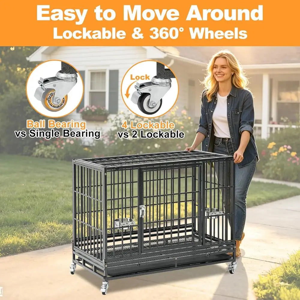 Two Tiers 37 Inch Dog Crate, Ese Proo Dog Cage Kennel Indoor with Top Accand Lockable Wheels, Removable Tray, Heavy Duty Dog Cra
