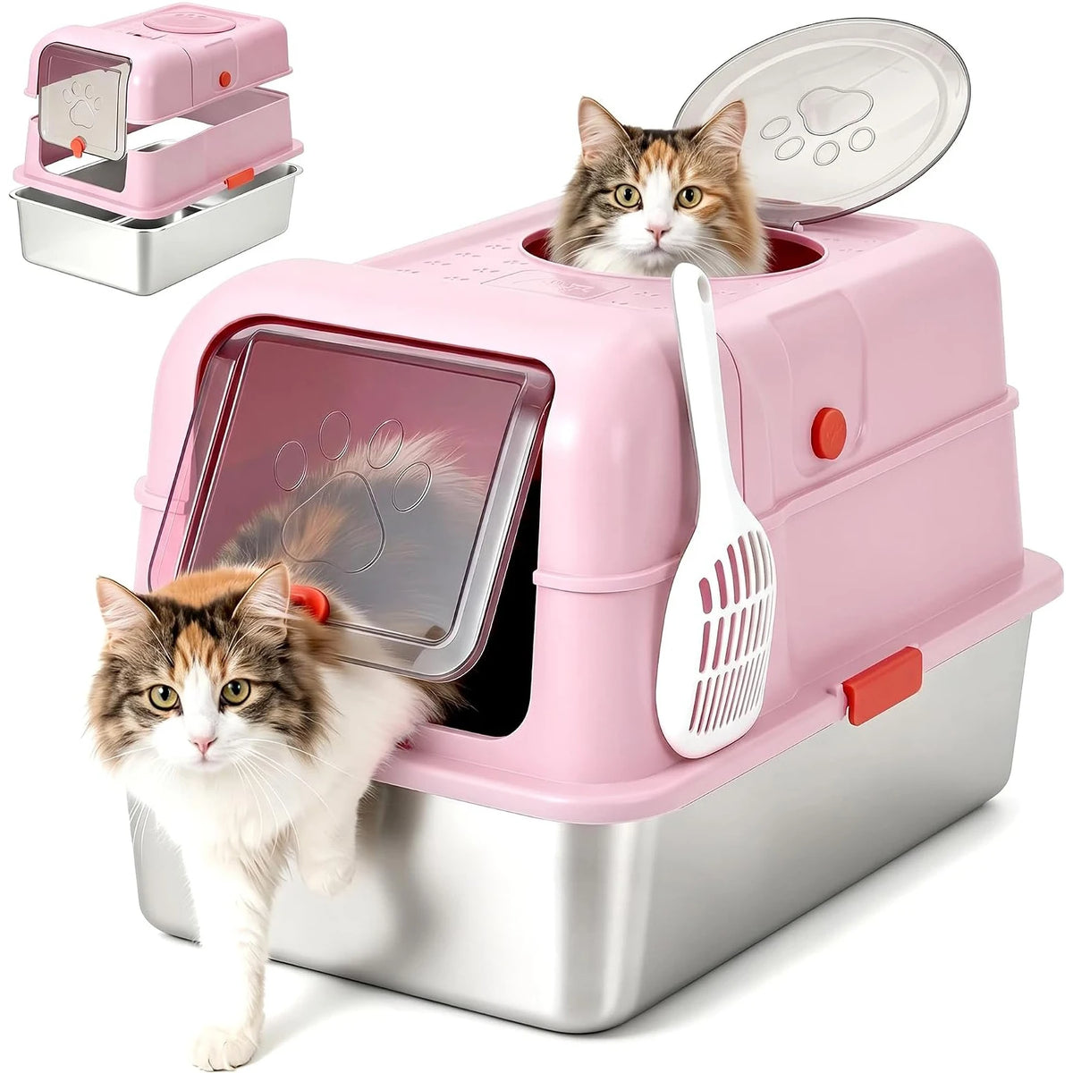 Dog-Proof Fully Enclosed Stainless Steel Litter Box with Lid | Enclosed, High Sided, Front Entry & Top Exit, Leak Proof Design, Scoop Included, Great for Large & Multi-Cat Homes - Pink