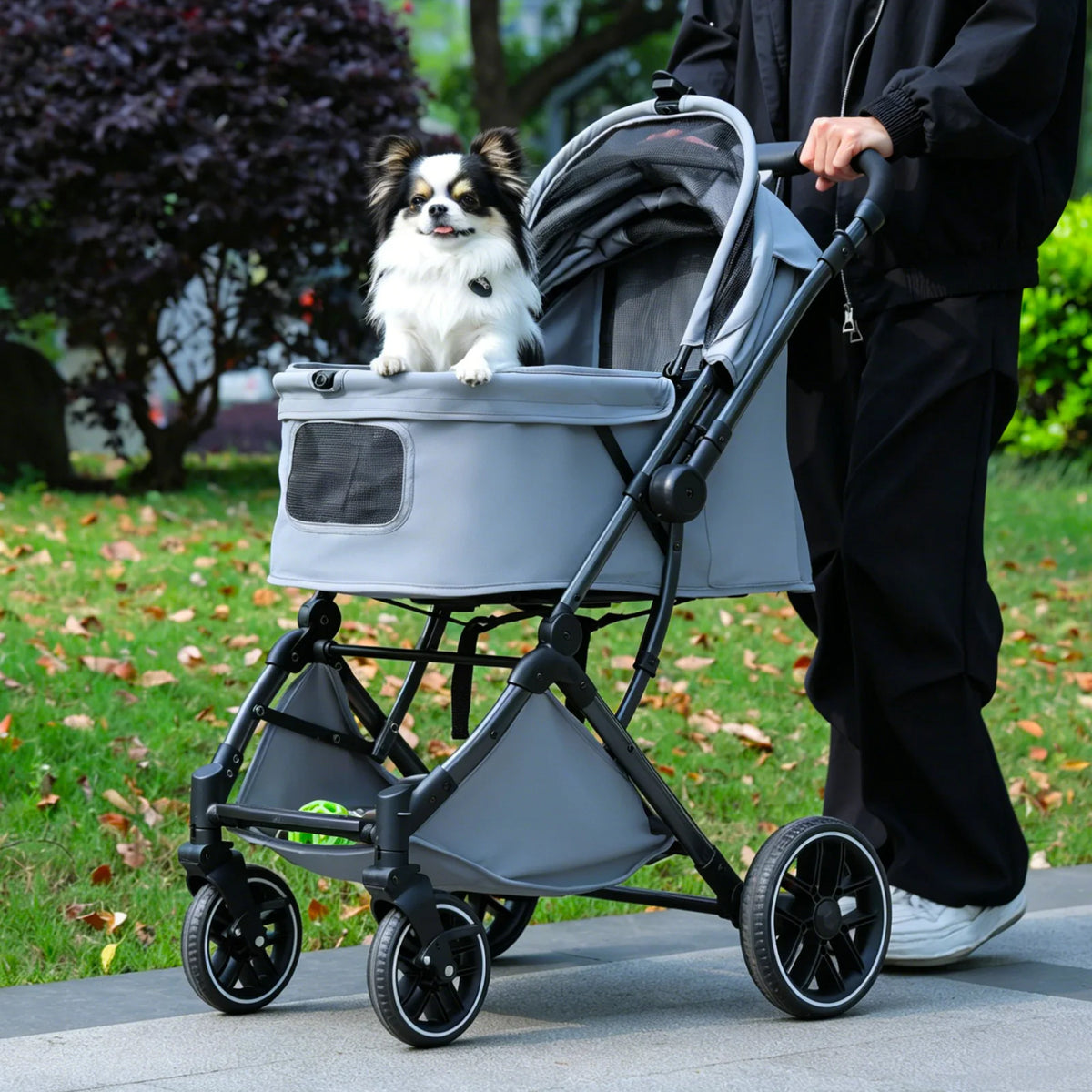 Foldable Pet Stroller for Small Medium Dogs & Cats One-Click Fold Dog Stroller with Reversible Handle Storage Basket Cup Holder Safety Tether Removable Washable Pad Large Cat Stroller Pet Suplies for Outdoor