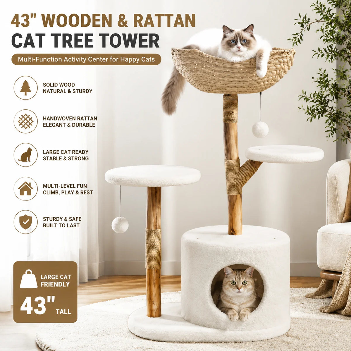 Wooden Rattan Cat Tree Tower Multi Level Climbing Activity Center