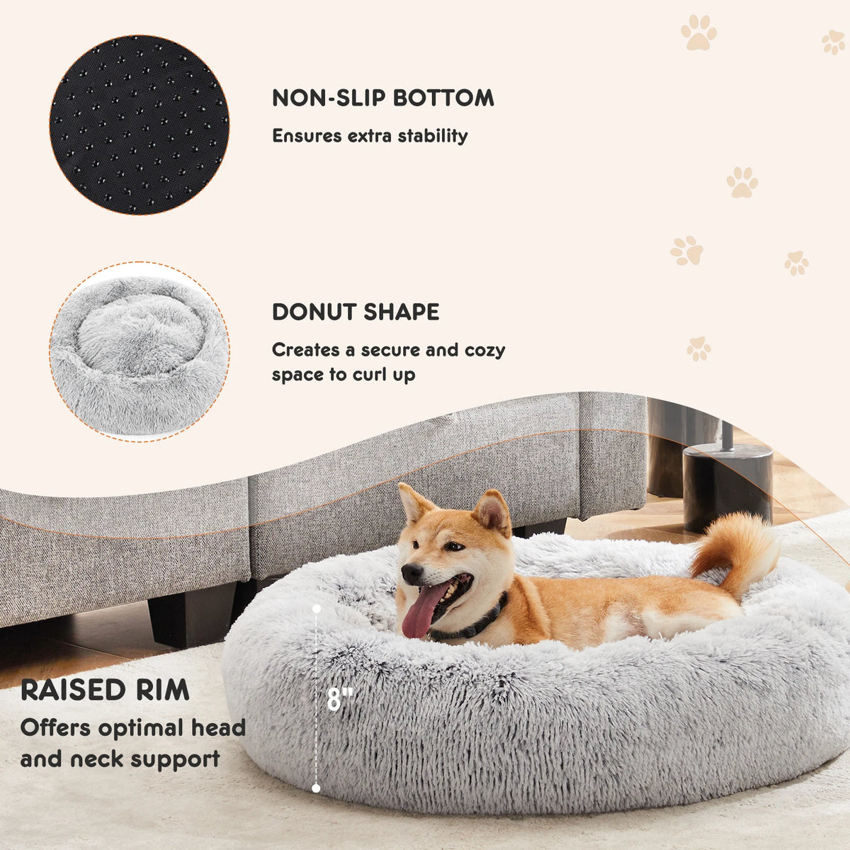 JHK Round Plush Faux Fur Calming Dog Bed for Medium to Large Dogs Washable Large Pet Bed Anti-Slip Fluffy Dog Bed For Home