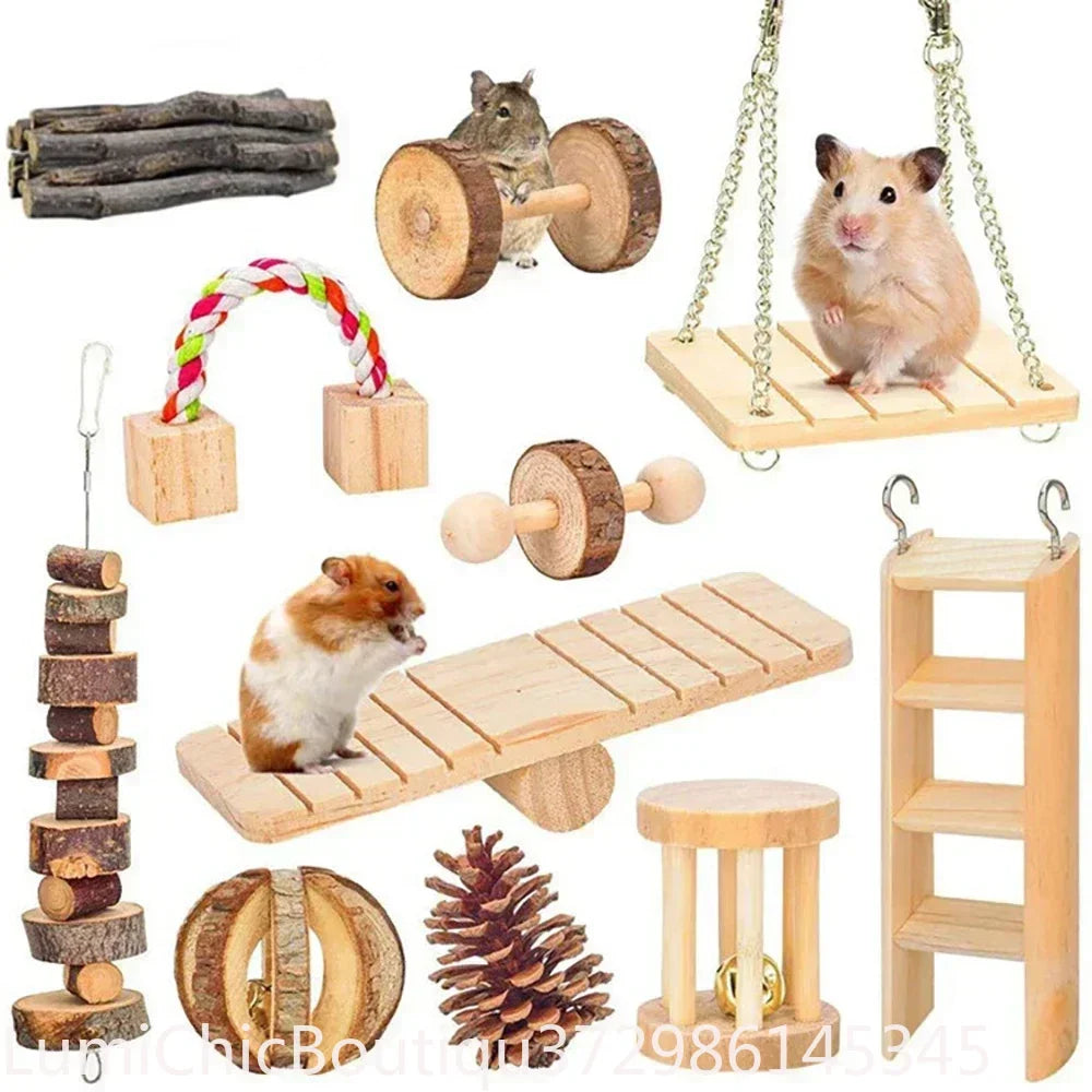 Natural Pine Wood Small Animal Dumbbell Chew Toy With Bell