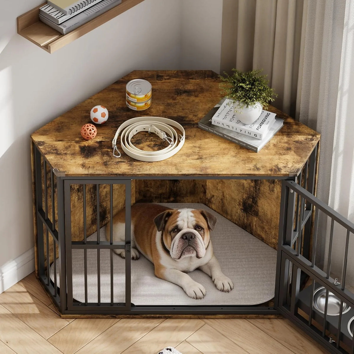 Wooden Corner Dog Crate Furniture With Double Doors Lockable Cage