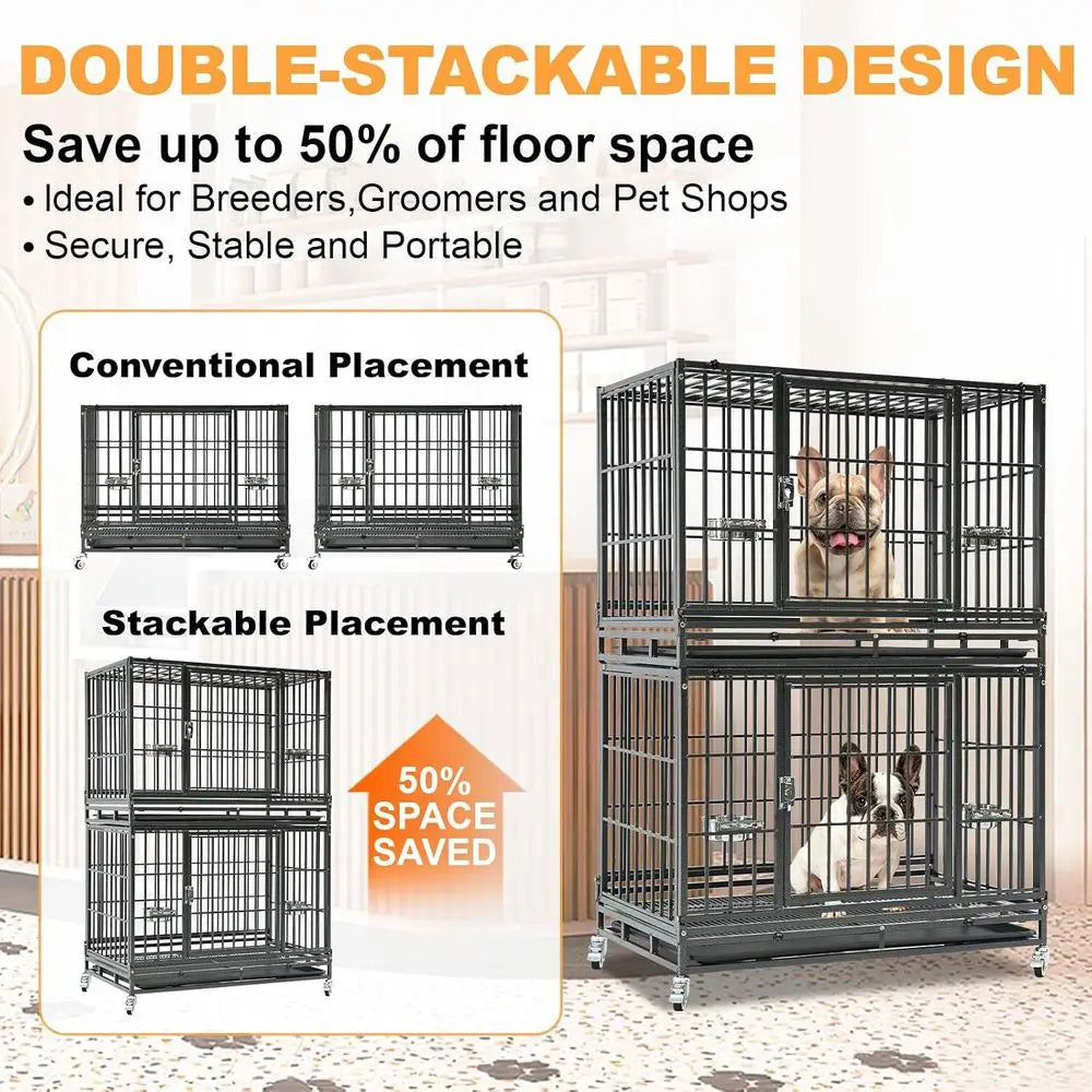 Two Tiers 37 Inch Dog Crate, Ese Proo Dog Cage Kennel Indoor with Top Accand Lockable Wheels, Removable Tray, Heavy Duty Dog Cra