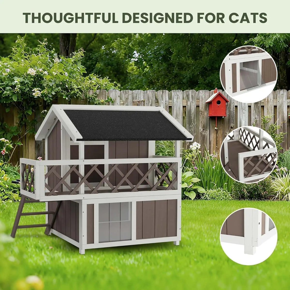 HiMISS Wooden Two Level Weatherproof Cat House With Balcony