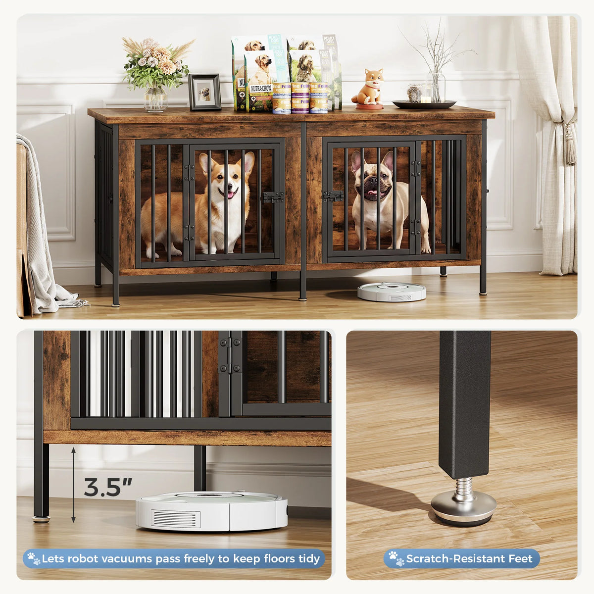 JHK Wooden Dog Kennel Furniture With Double Doors And Divider