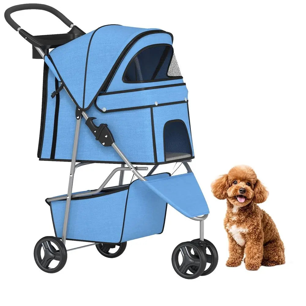 3-Wheel Pet Stroller, Dog and Cat Stroller, Breathable Mesh, Lightweight Travel Carrier, Waterproof & Foldable Design, Storage B