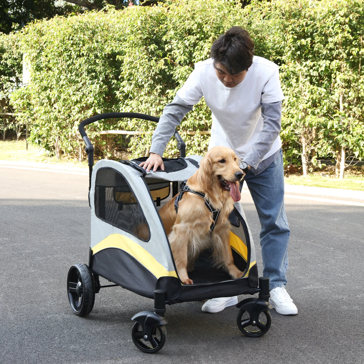 M-XL Dog Stroller Ultra-large 4 Wheels Pet Jogger Wagon Foldable Cart Travel Trolley Outdoor Animal Carrier Load Up To 55kg
