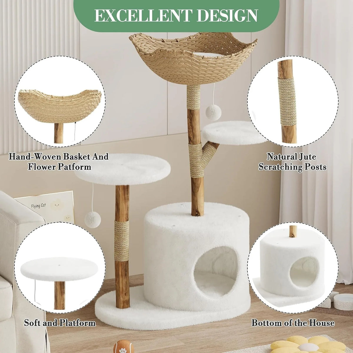 Wooden Rattan Cat Tree Tower Multi Level Climbing Activity Center
