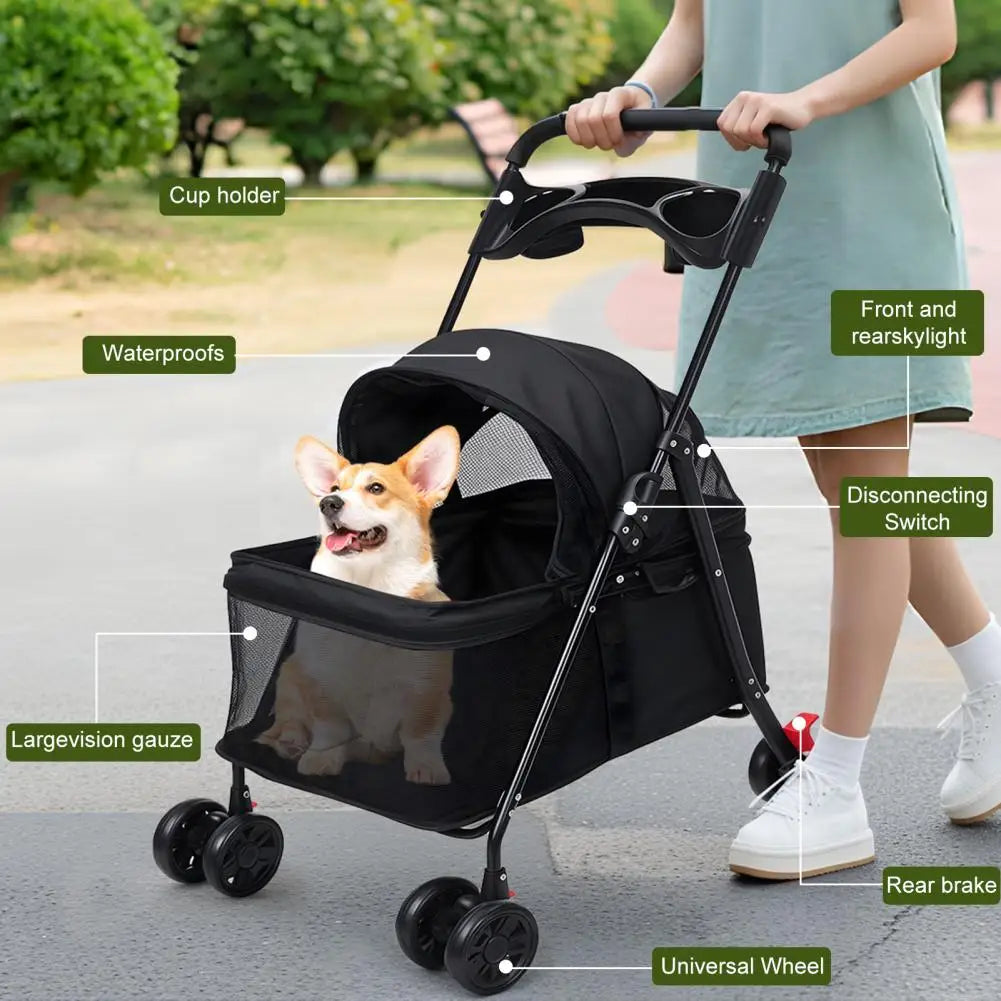 4 Wheels Dog Cat Stroller, Outdoor Travel Pet Folding Stroller, Dog Cat Cage Stroller with Cup Holder for Dog
