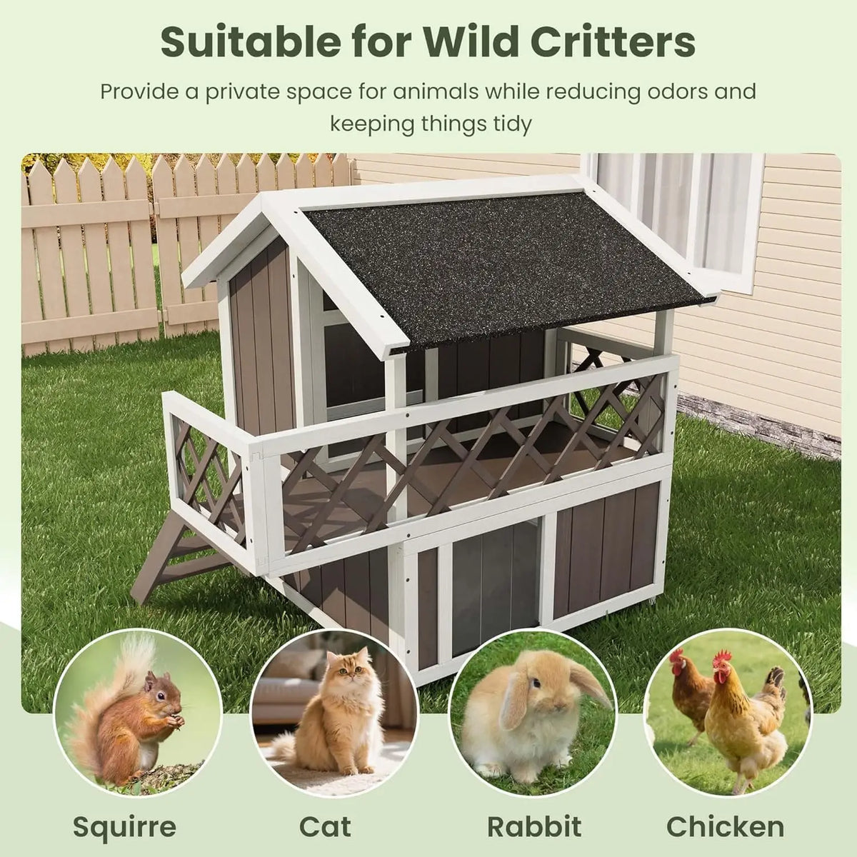HiMISS Wooden Two Level Weatherproof Cat House With Balcony