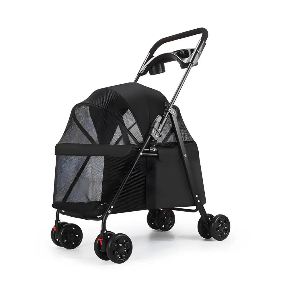4 Wheels Dog Cat Stroller, Outdoor Travel Pet Folding Stroller, Dog Cat Cage Stroller with Cup Holder for Dog