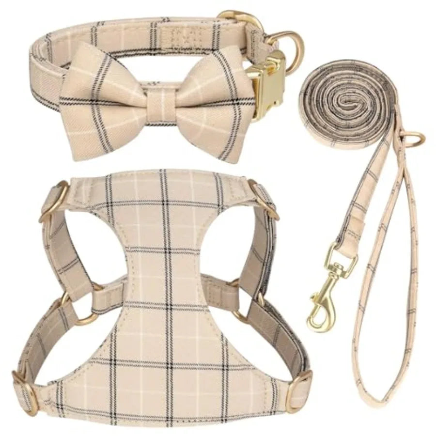 Dog Harness and Leash Set With Bowtie Soft Adjustable Plaid Polyester