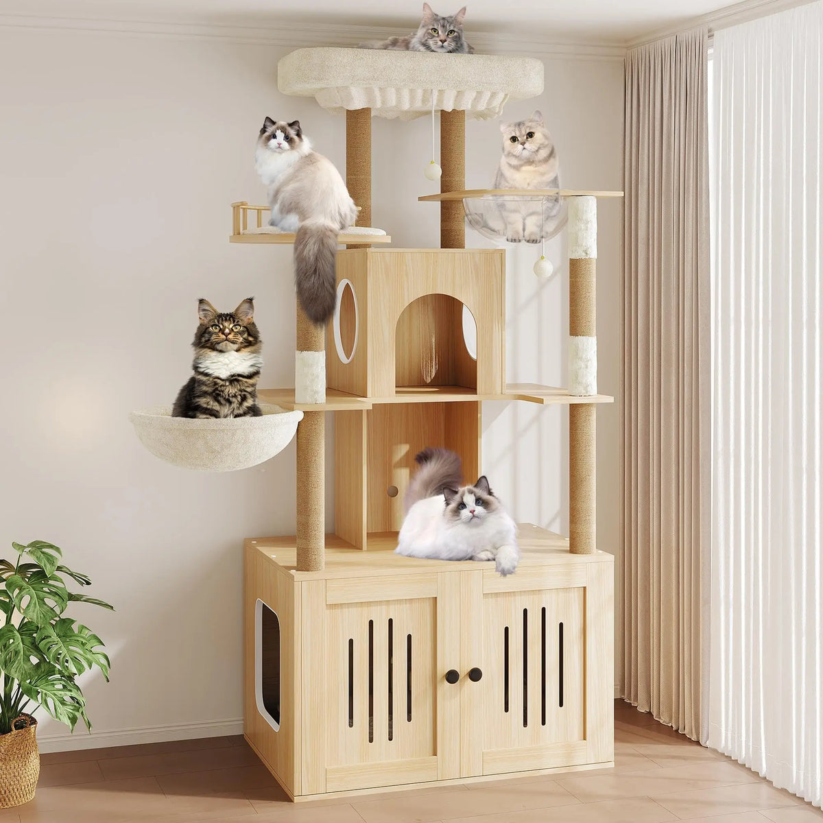 HOSSLLY Cat Tree With Hidden Litter Box And Scratching Posts
