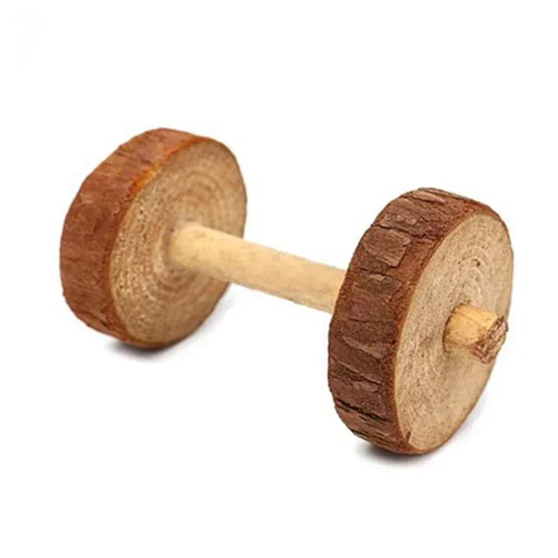 Natural Pine Wood Small Animal Dumbbell Chew Toy With Bell