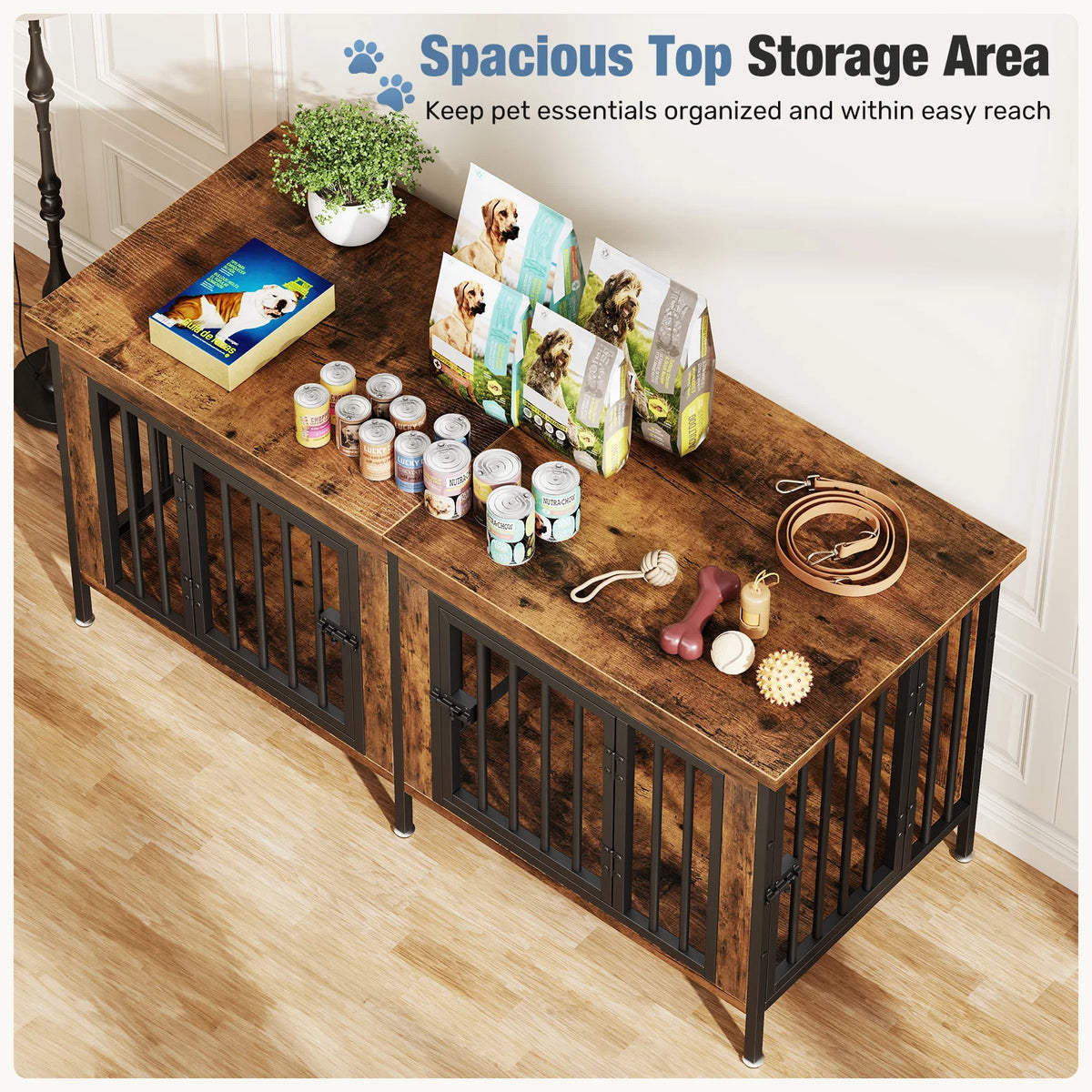 JHK Wooden Dog Kennel Furniture With Double Doors And Divider