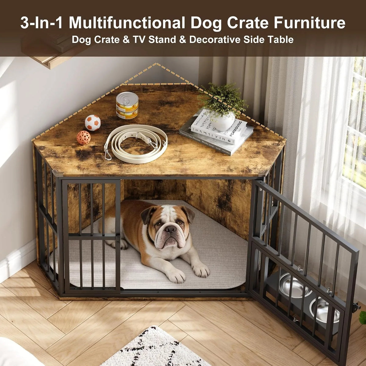 Wooden Corner Dog Crate Furniture With Double Doors Lockable Cage